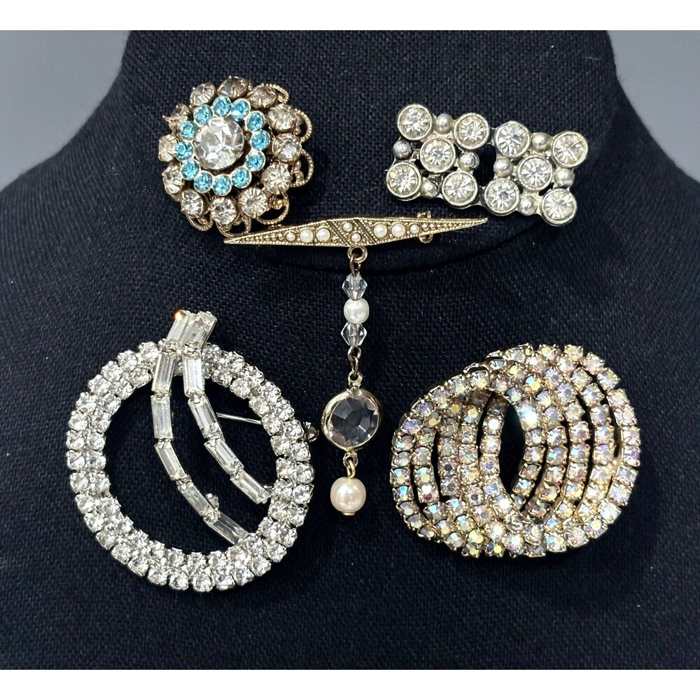 Vintage Rhinestone Brooch Lot AB Baguette Swirl Faux Pearl Dangle Wear Craft